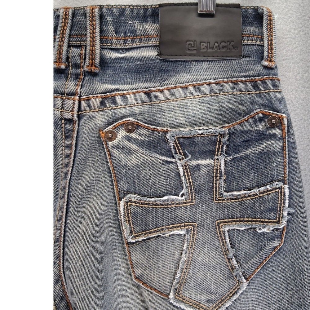 CJ Black Relaxed Straight Jeans 29x30 Light Wash Cross Applique Denim Mens